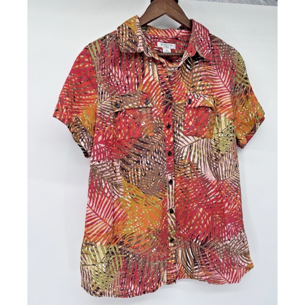 1X Button up Shirt Orange Brown Leaf linen cotton tropical beachy resort vaca